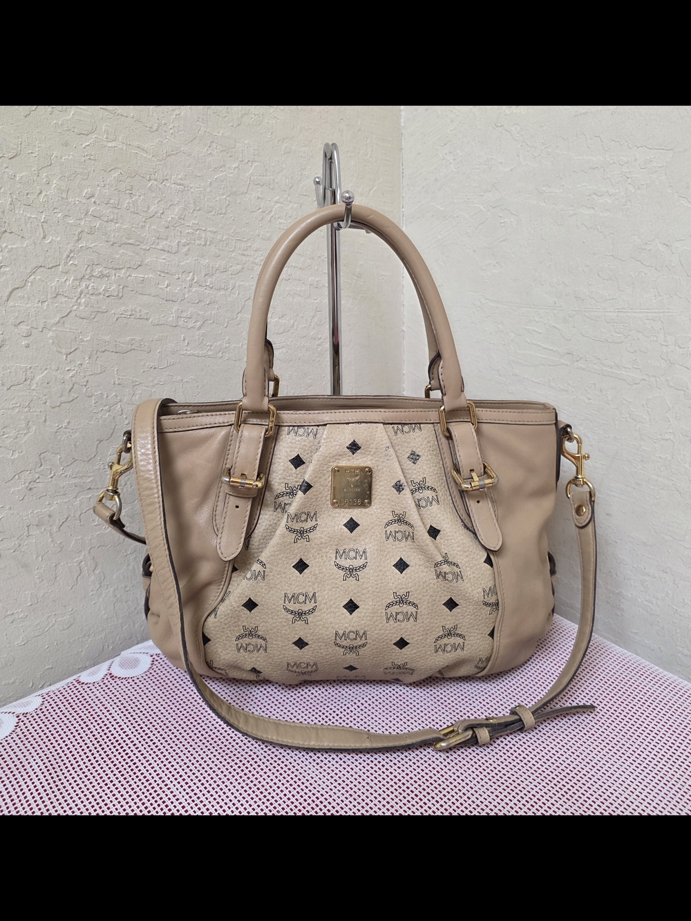 MCM Cream Monogram Handbag With Long Handle Satchel AUTHENTIC